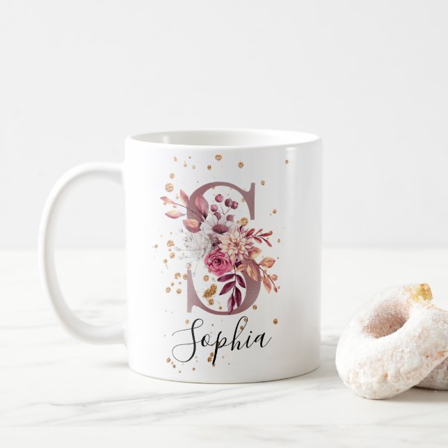 Mug LETTRE MONOGRAPHIQUE Florale Rose Mauve Rose Duste (Avec donut)