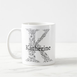 Mug LETTRE MONOGRAPHIQUE K BLANC Noir Botanique Floral