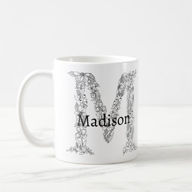 Mug LETTRE MONOGRAPHIQUE M BLANC Noir Botanique Floral (Gauche)