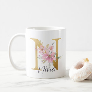 Mug LETTRE MONOGRAPHIQUE OR Floral Rose Élégante N