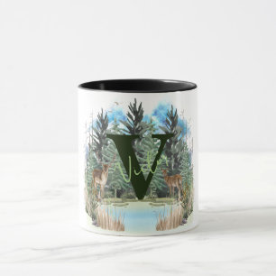 Mug LETTRE MONOGRAPHIQUE PERSONNALISÉE V Cerf Aquarell