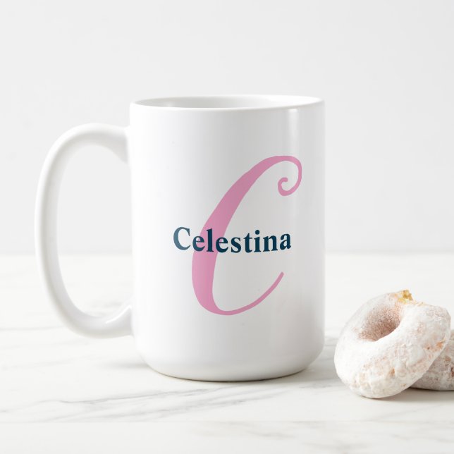 Mug Lettre monographique rose personnalisée C Nom pers (Avec donut)