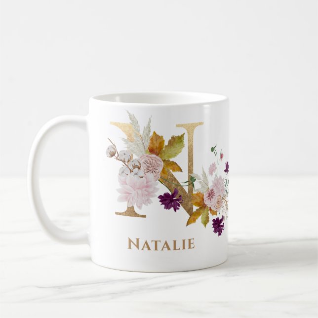 Mug Lettre N - Gold Floral Nom soeur collègue ami coll (Gauche)