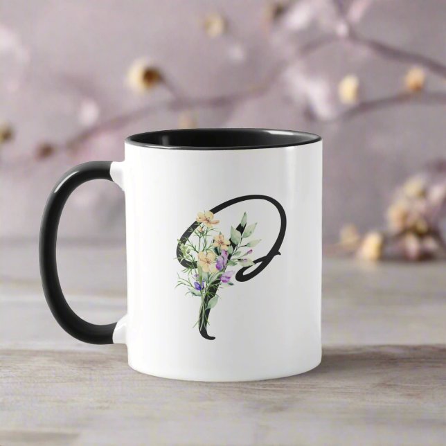MUG LETTRE NOIR "P" AQUATICOLE FLEURS (Créateur téléchargé)