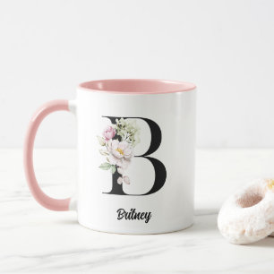 Mug Lettre noire Monogramme Fleurs d'aquarelle