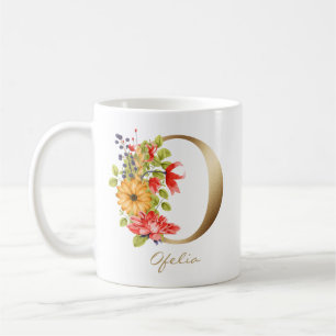 Mug Lettre O Monogramme or jaune rouge pourpre Floral