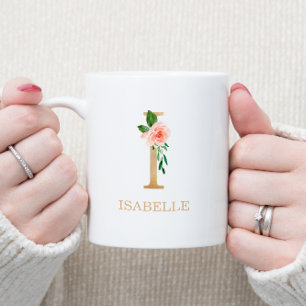 Mug Lettre or Monogramme I   Vert rose floral