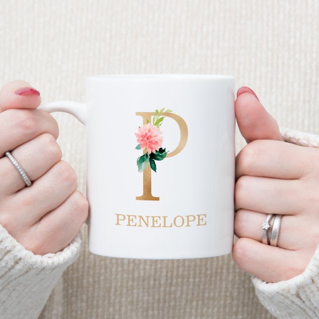 Mug Lettre or Monogramme P | Vert rose floral (Créateur téléchargé)