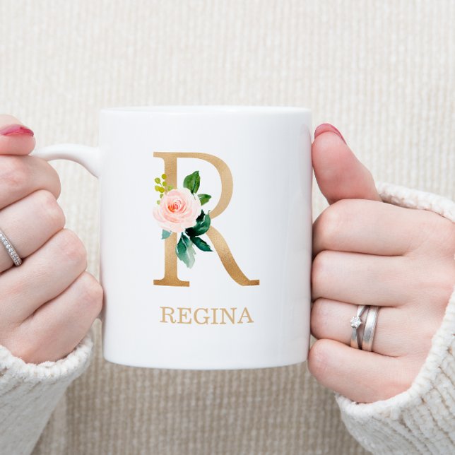 Mug Lettre or monogramme R | Vert rose floral (Créateur téléchargé)