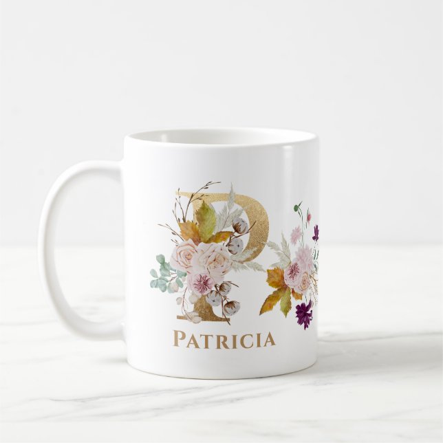 Mug Lettre P - Gold Floral Nom soeur collègue ami coll (Gauche)