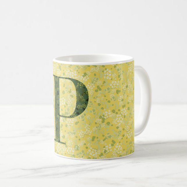 Mug Lettre P jaune clair et vert foncé liberté (Devant droit)
