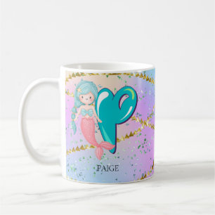 Mug Lettre P Monogramme Aquarelle mignonne Sirène