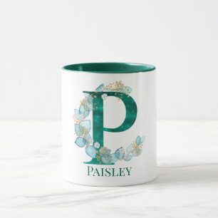 Mug Lettre P Monogramme Or et Sarcelle Aquarelle