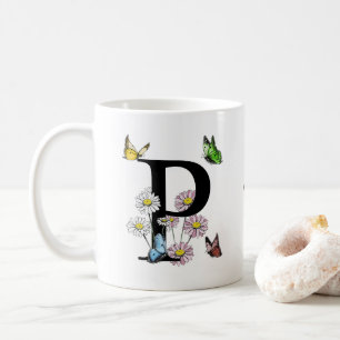 Mug Lettre P Papillon Floral Monogramme Initial   
