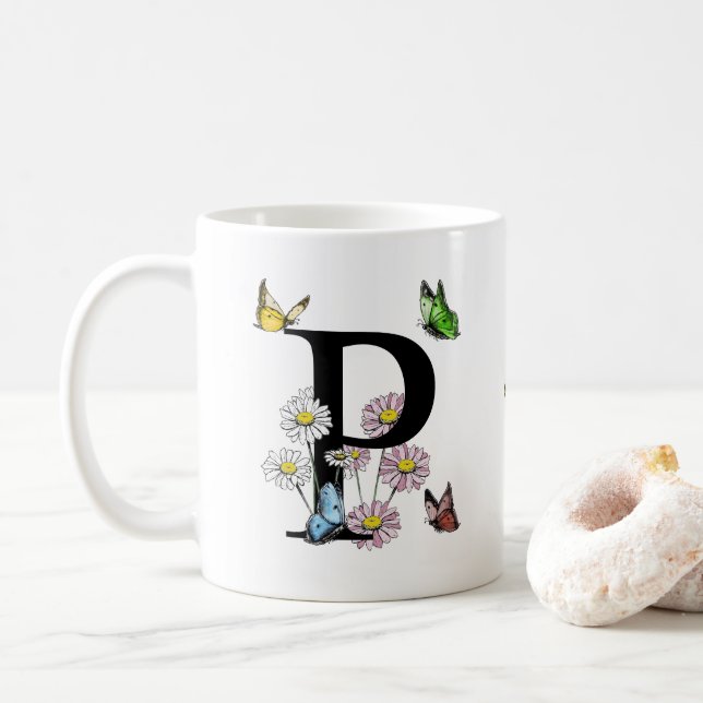 Mug Lettre P Papillon Floral Monogramme Initial    (Avec donut)