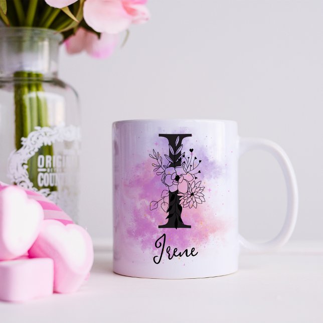 Mug LETTRE PLEINE ROSE POROULE FLEUVE NOIR MONogramme  (Créateur téléchargé)
