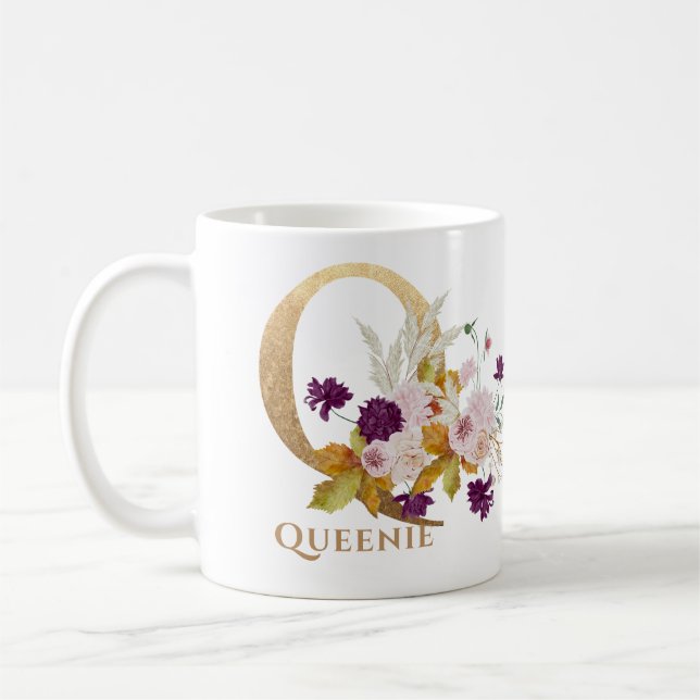Mug Lettre Q - Gold Floral Nom soeur collègue ami coll (Gauche)