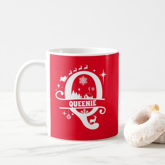 Mug Lettre Q Noël Monogramme Nom initial Rouge (Avec donut)