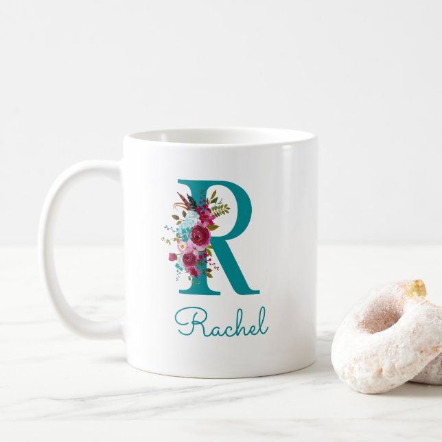 Mug Lettre R Floral rose Turquoise (Avec donut)