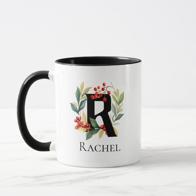 Mug Lettre R Monogramme initiale Noël Berry Wreath (Gauche)