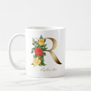 Mug Lettre R Monogramme or Yellow Red Roses Florales