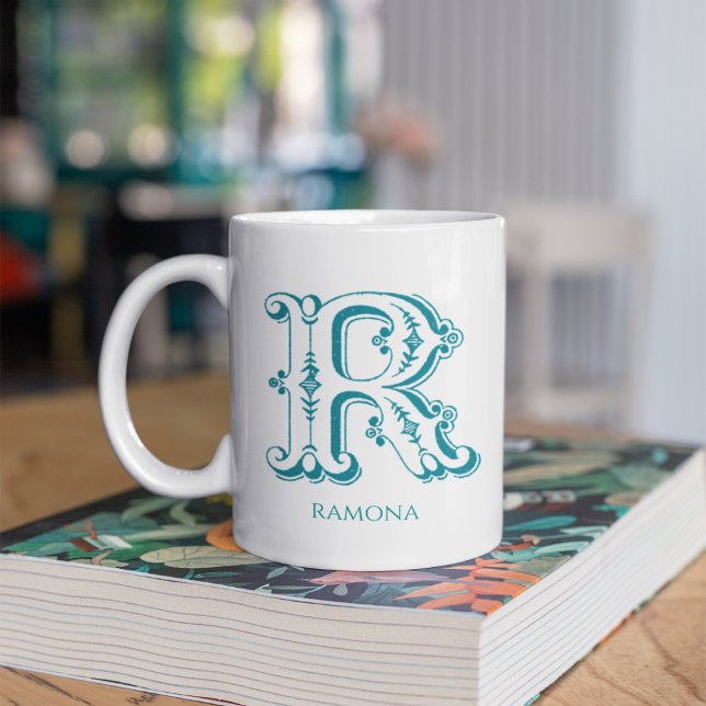 Mug Lettre R Monogramme Turquoise Nom moderne (Créateur téléchargé)