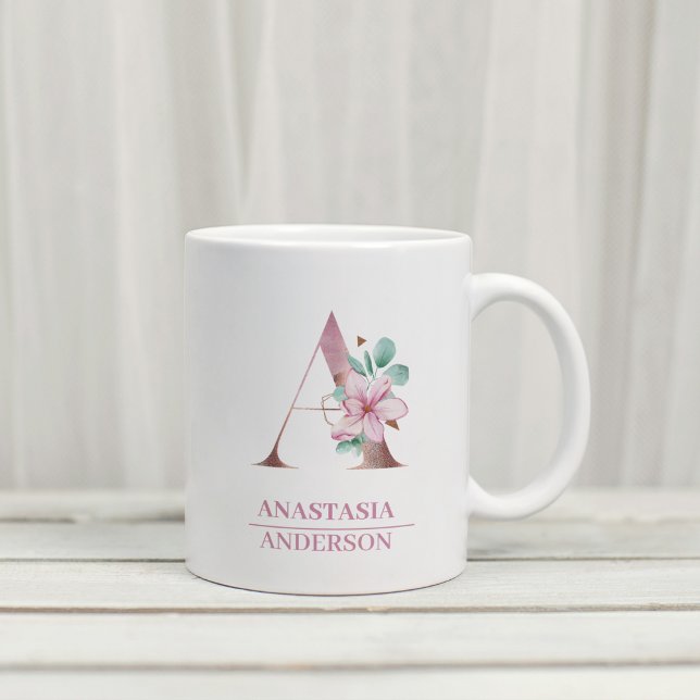 Mug LETTRE Rose D'Aquarelle D'Or Monogramme A (Créateur téléchargé)