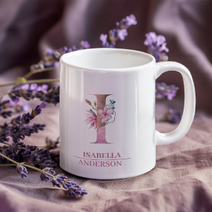 Mug LETTRE Rose D'Aquarelle D'Or Monogramme I
