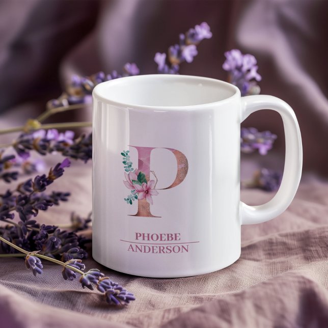 Mug LETTRE Rose D'Aquarelle D'Or Monogramme P | (Créateur téléchargé)