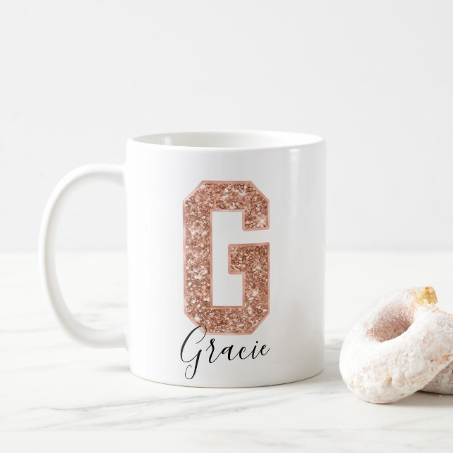 Mug LETTRE rose Parties scintillant or Varsity Monogra (Avec donut)