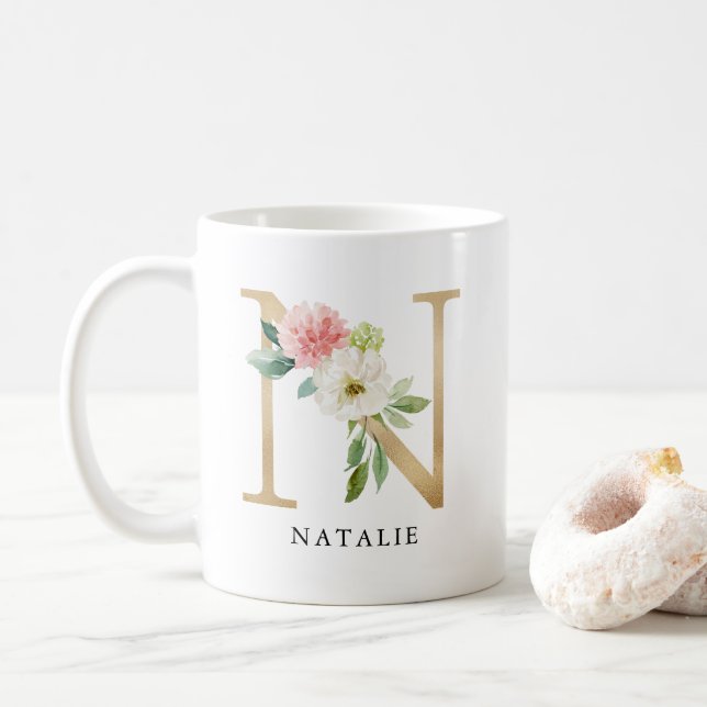 Mug Lettre rose rose et or N Monogramme (Avec donut)