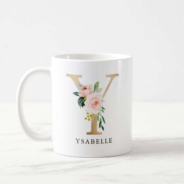Mug Lettre rose rose et or Y Monogramme (Gauche)