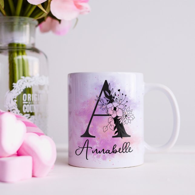 Mug Lettre rose violet noire Florale Monogramme A (Créateur téléchargé)