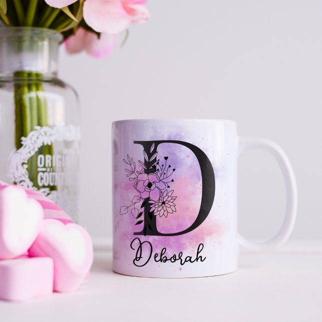 Mug Lettre rose violet noire Florale Monogramme D (Créateur téléchargé)