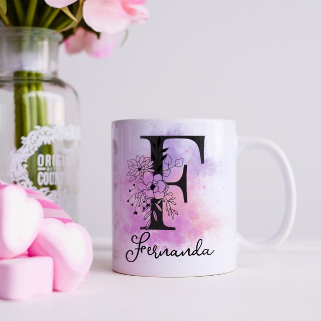 Mug Lettre rose violet noire Florale Monogramme F (Créateur téléchargé)