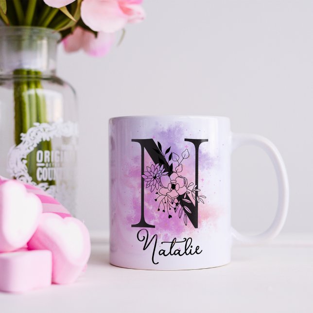 Mug Lettre rose violet noire Florale Monogramme N Café (Créateur téléchargé)
