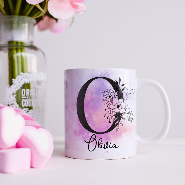 Mug Lettre rose violet noire Florale Monogramme O Café (Créateur téléchargé)