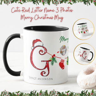 Mug Lettre rouge mignonne Nom 3 Photos Joyeux Noël