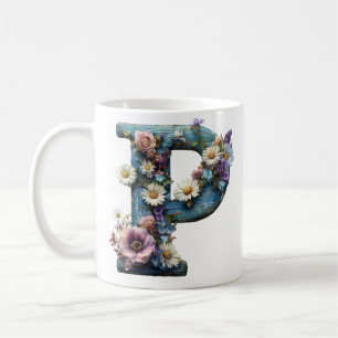 Mug Lettre rustique P Fleur sauvage Floral