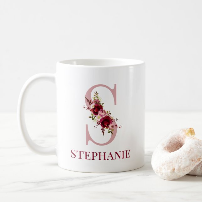 Mug Lettre S Floral Burgundy Blush (Avec donut)