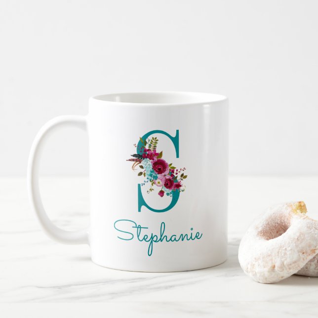 Mug Lettre S Floral Rose Turquoise (Avec donut)