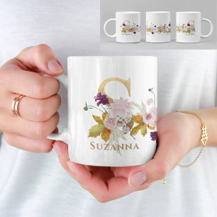 Mug Lettre S - Gold Floral Nom soeur collègue ami coll