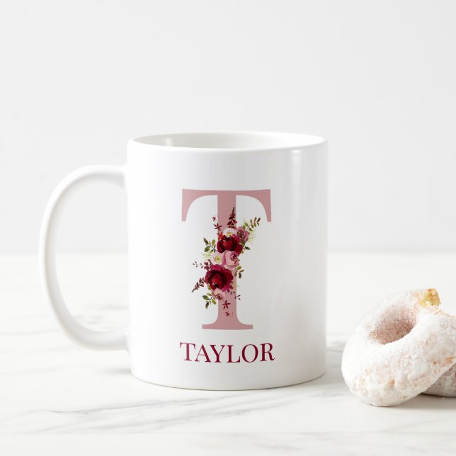 Mug Lettre T Floral Burgundy Blush (Avec donut)