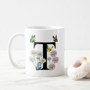 Mug Lettre T Floral Papillon Monogramme initial