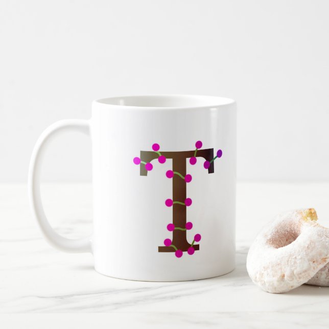 Mug Lettre T initiale décorative en blanc (Avec donut)