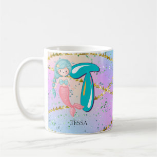 Mug Lettre T Monogramme Aquarelle mignonne Sirène