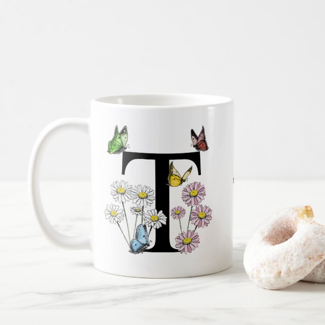 Mug Lettre T Papillon Floral Monogramme Initial   (Avec donut)
