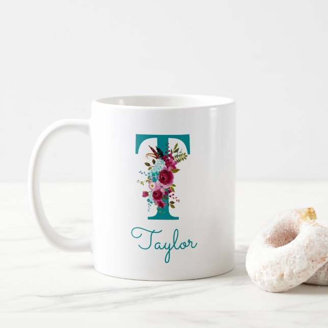 Mug Lettre T Turquoise rose floral (Avec donut)