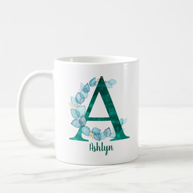 Mug Lettre turquoise A Couronne de eucalyptus bleu  (Gauche)