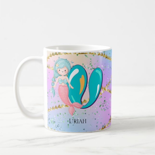 Mug Lettre U Monogram Aquarelle mignonne Sirène (Gauche)